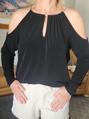 Michael Kors Black Cold-Shoulder Blouse with Gold Accents
